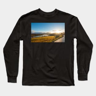 Beautiful norwegian scenery. Mountains in background. Horses are on the farm near river Long Sleeve T-Shirt